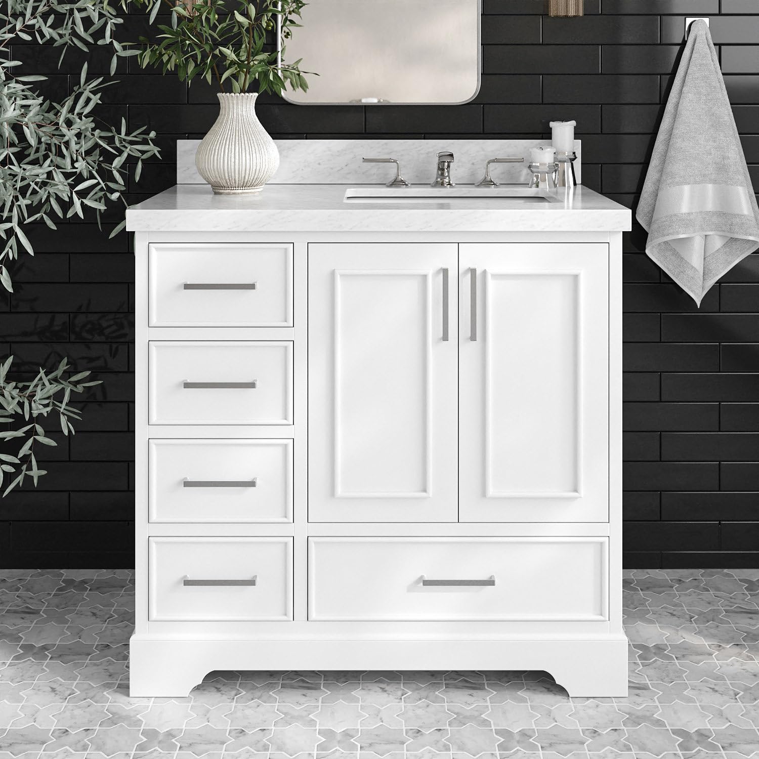 ARIEL Stafford 37 Inch Bathroom Vanity with Sink, White Bathroom Vanity, Solid Wood Vanity Base Cabinet, Carrara Marble Top 1.5-Inch Edge, Rectangular