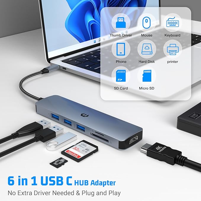 Hub USB C oditton 6 en 1 con HDMI 4K, SD/TF y 3 USB 3.0 miniatura 6