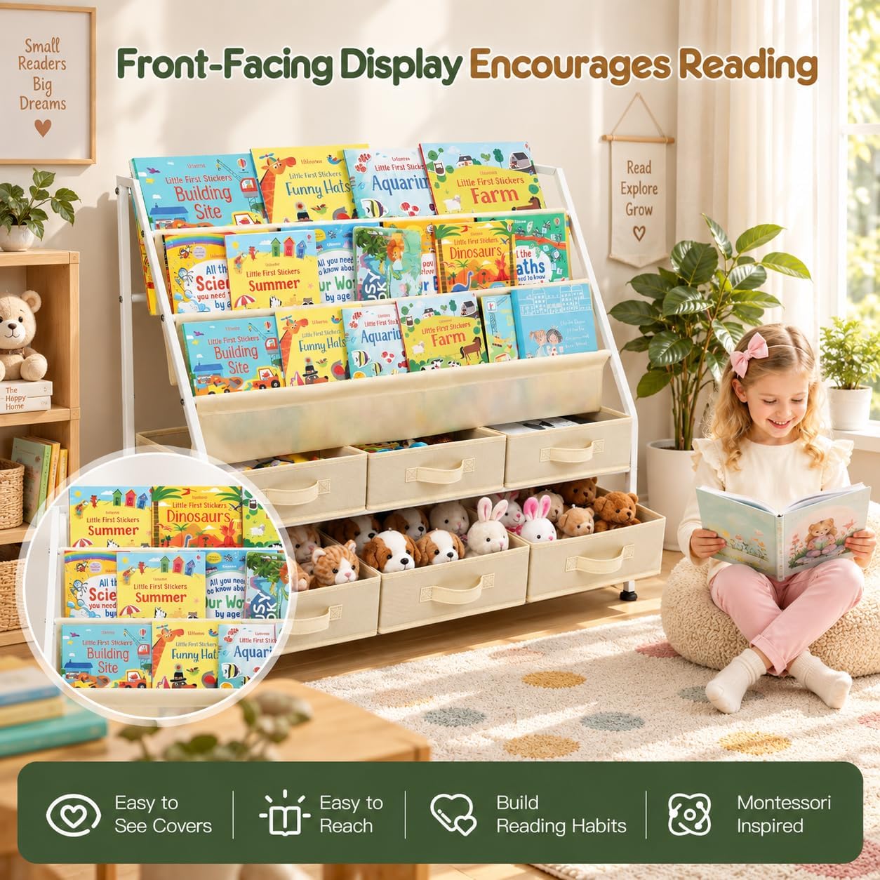 36" Extra Wide Kids Bookshelf and Toy Storage Organizer, 3-Tier Front Facing Book Shelf with 6 Large Removable Storage Bins, Toddler Bookshelf for Nursery, Playroom, Bedroom, Montessori Reading Corner