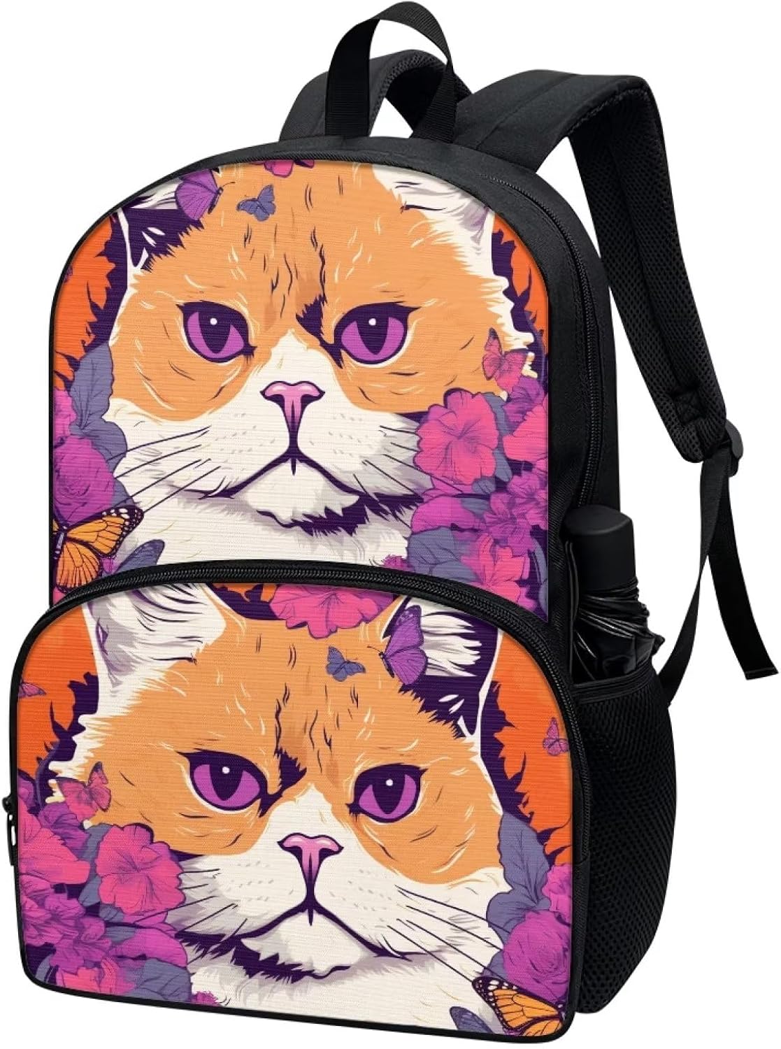 Orange Floral Butterfly Cat Print Backpack for Girls Middle Elementary School Student Lightweight Durable Basic Bookbag with Front Pocket Large Capacity 17 Inch Kids Cute Backpack
