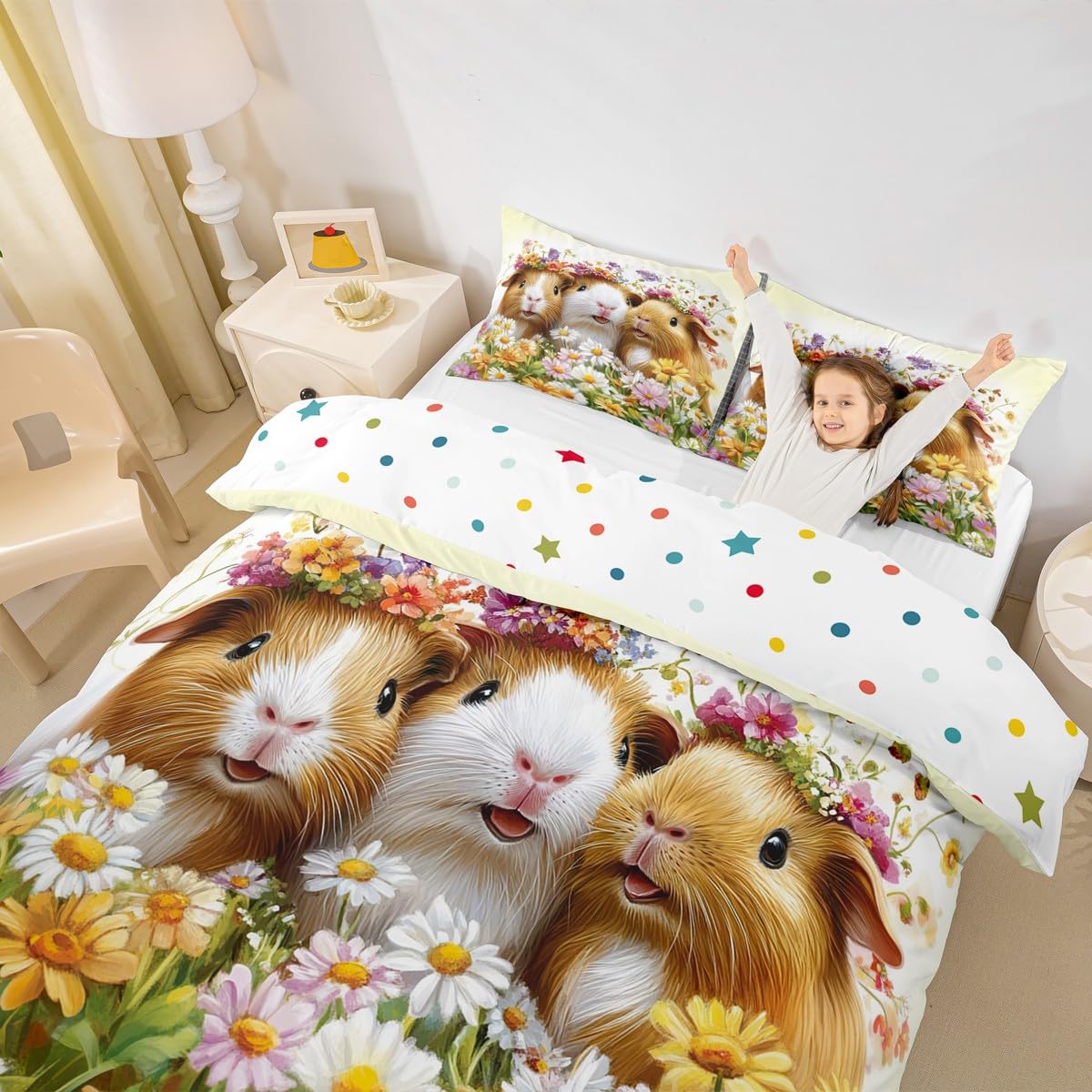 Homewish Guinea Pig Duvet Cover King for Kids Bedroom Decor Cute Guinea Pig Design Bedding Set for Girls Chic Garden Floral Print Quilt Cover Lovely Pet Animal Themed Bed Sets - Image 4