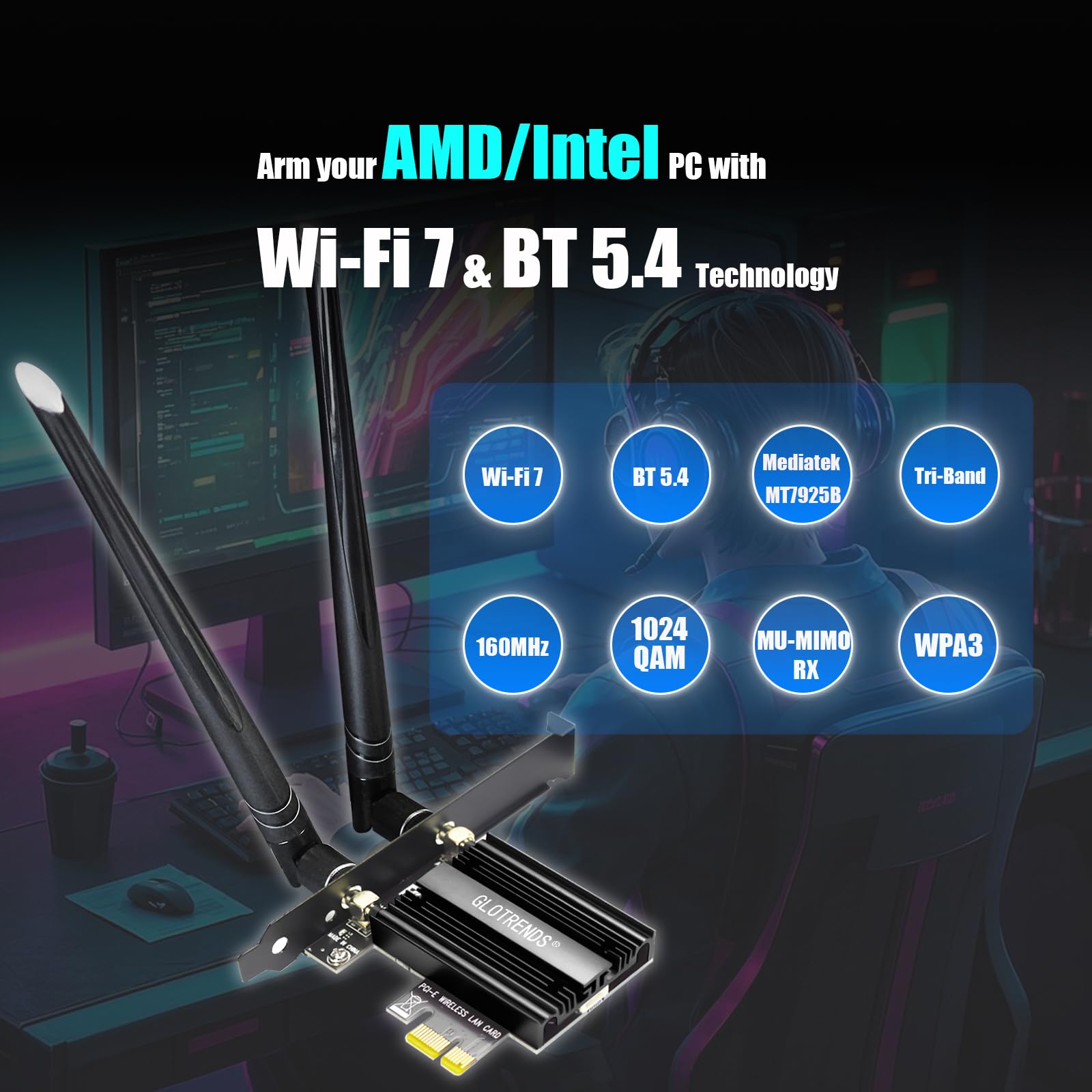 GLOTRENDS BE6500 Scheda WiFi PCIe WiFi 7 per PC Fisso AMD/Intel, con Controller MT7925B, Bluetooth 5.4, Compatibile con Windows 11/Linux/macOS