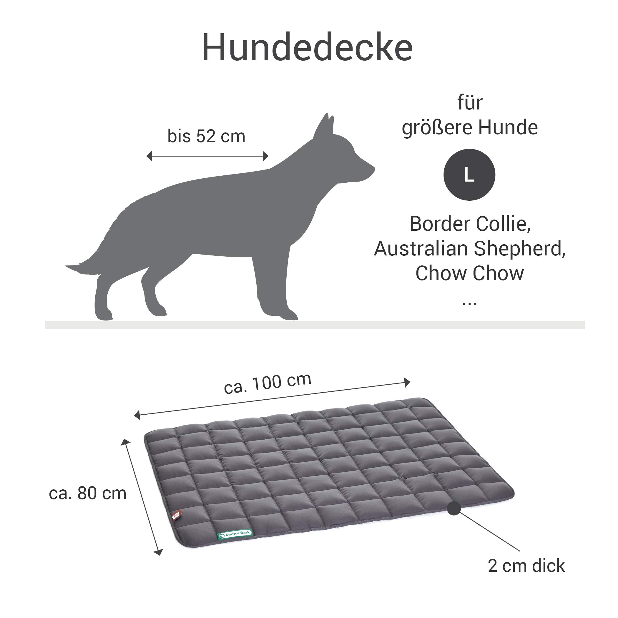 Doctor Bark Hundedecke – weiche, hochwertige Hundematte für größere Hunde, robuste Indoor-Outdoor Liegedecke, waschbar bis 95 °C (Gr. L, 100x80 cm, Grau)