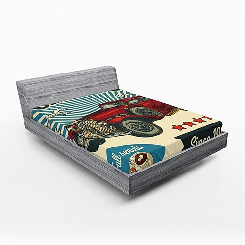 Miniatura 187 de Ambesonne - Sábana bajera ajustable multicolor, en colores y tres tamaños Azul y gris,Verde Militar Sage Green,Ámbar beige,Negro Grey White,Azul