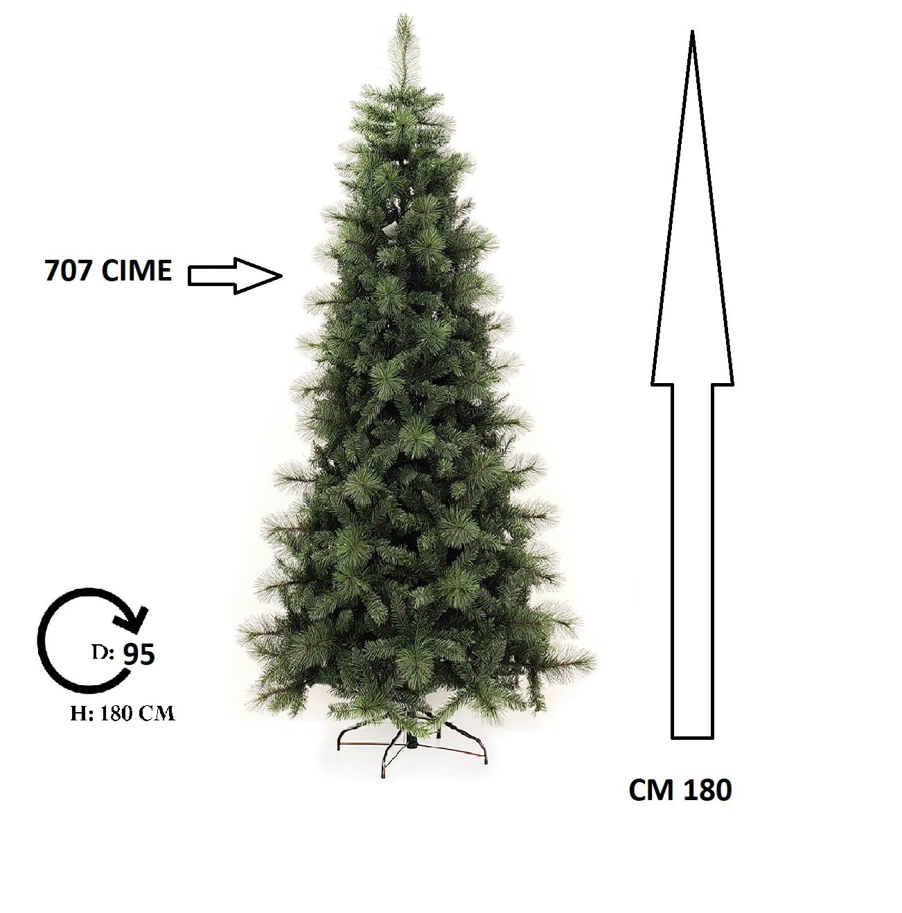 Albero di natale cm 180 slim verde pino artificiale apertura ad ombrello stretto D95 folto pieno salvaspazio ignifugo
