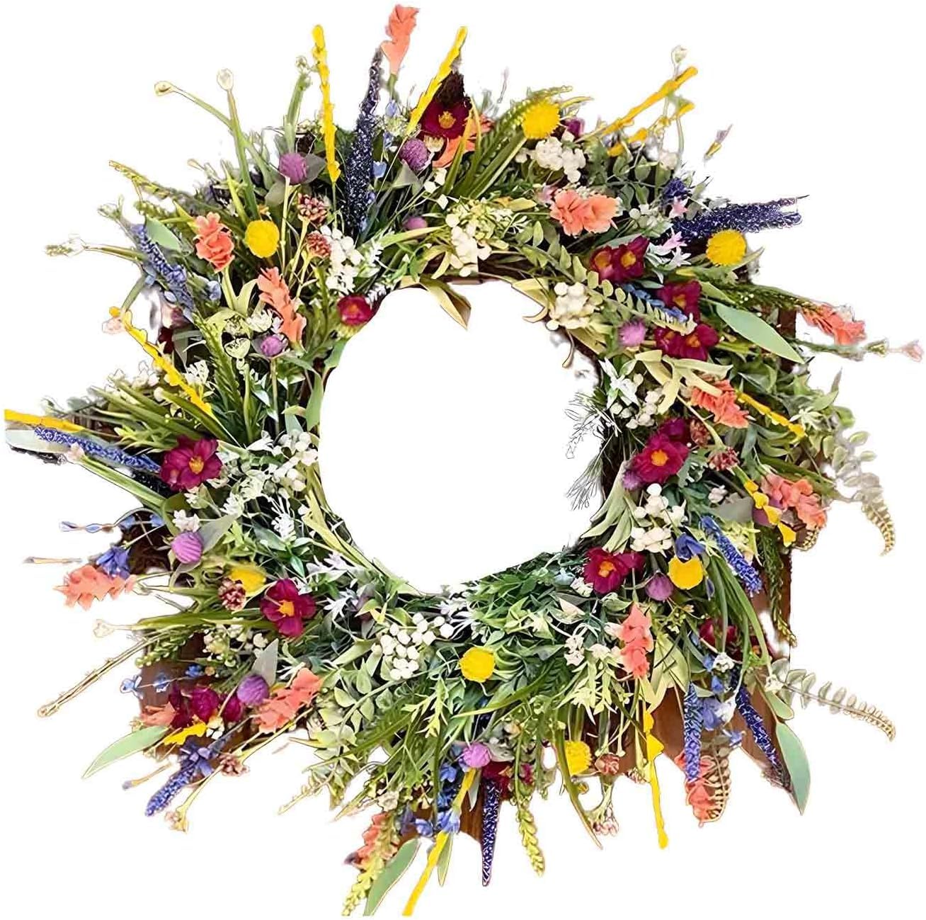 Ghirlanda primaverile con margherita e lavanda con foglie verdi, base di vite, ghirlanda di fiori selvatici artificiali per porta d'ingresso, ghirlanda di fiori da appendere colorata