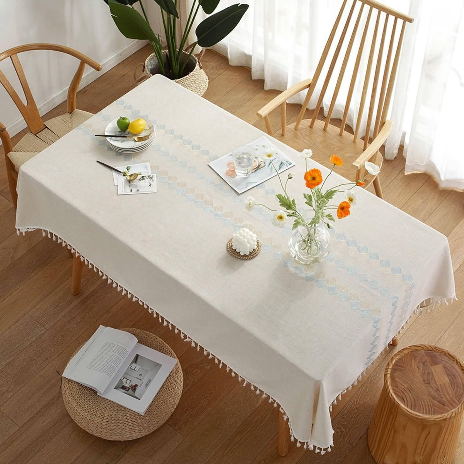 Obrus do jadalni, 140 x 130 cm, poliester, prosty dzianinowy liść w paski, obrus dekoracyjny z tkaniny, obrus na stół do kuchni, jadalni, niebieski