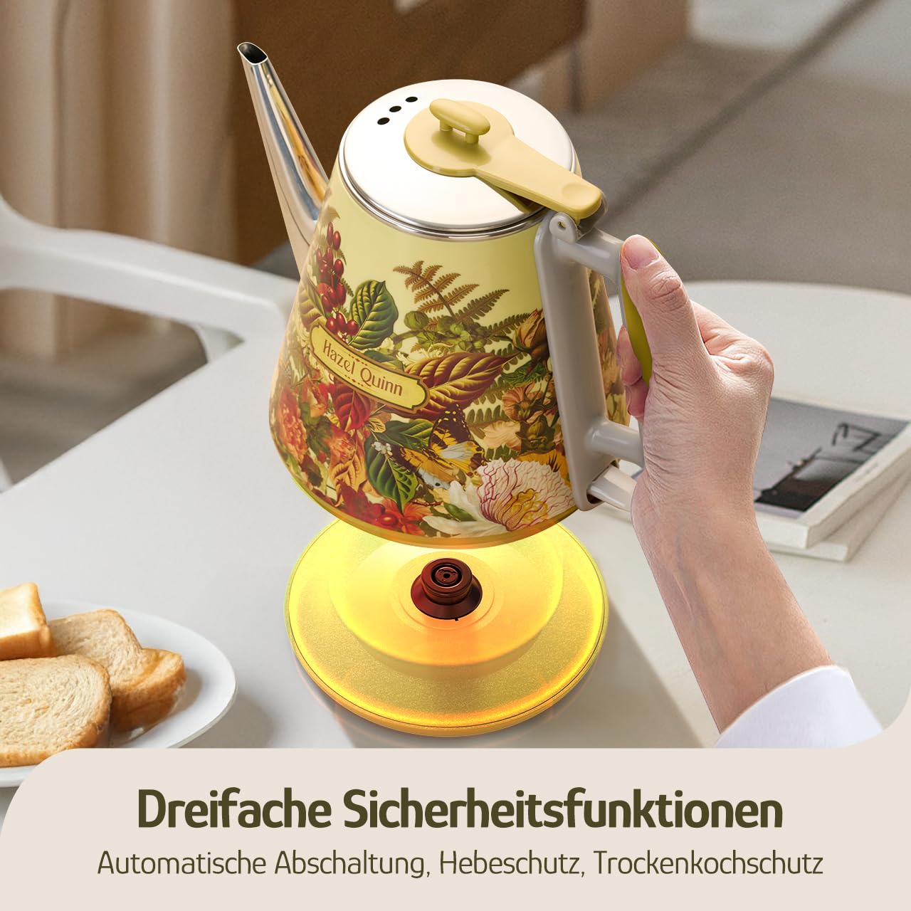 Hazel Quinn × Eduardo Recife 1L Elektrischer Wasserkocher, Floral Design | Doppelwandig, 304-Edelstahl innen, BPA-frei, Schwanenhals für präzises Ausgießen – kompakt für Singles und kleine Haushalte.