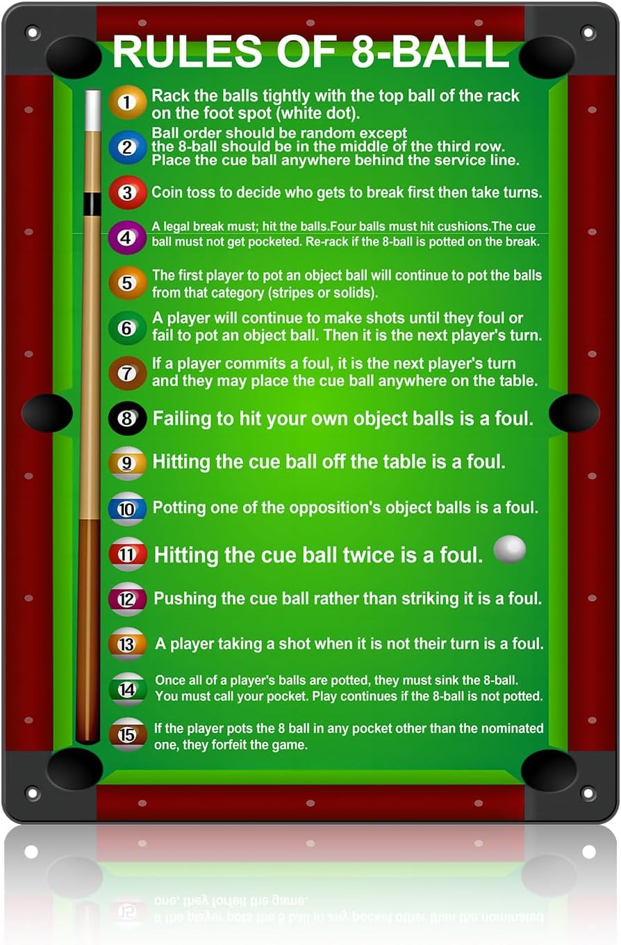 Vintage 8 Ball Pool Rules Metal Tin Sign - Billiard Room Wall Decor & Man Cave Poster, Gifts for Pool Players Men, Bar Pub Game Room Accessories 12x16 inch