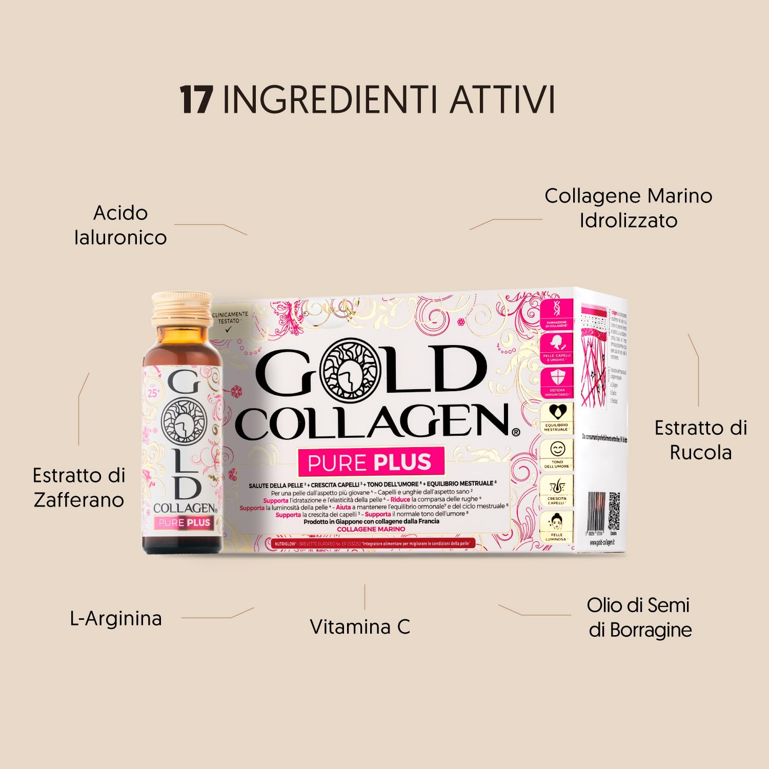 GOLD COLLAGEN Pure Plus - Integratore al Collagene con Biotina Crescita Capelli Pelle Unghie, Equilibrio Ormoni e Sistema Immunitario, Vitamina C, Collagene Marino con Acido Ialuronico 1 Pack 10x50 ml