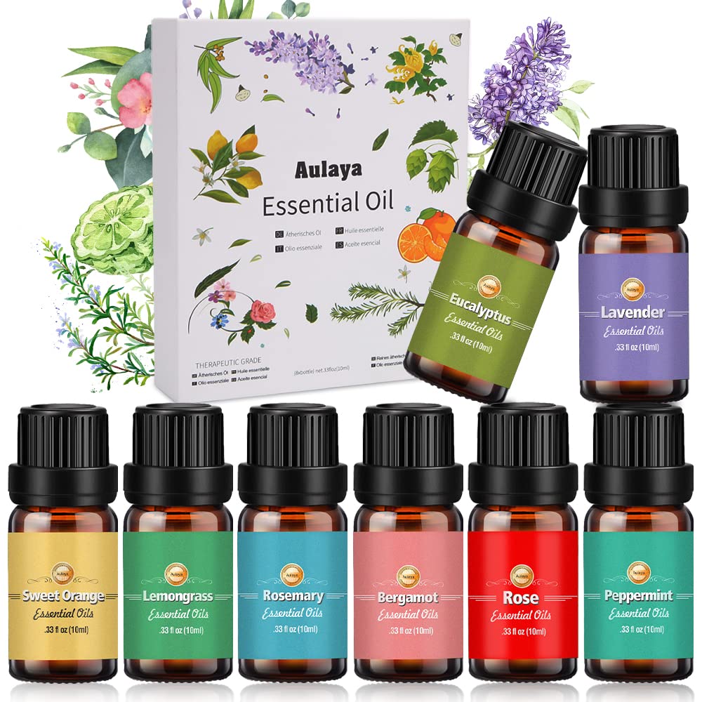 Ätherische Öle Set 12 x 10 ml, 100% naturreines Aromatherapie Duftöl Geschenkset für Diffuser, Luftbefeuchter, SPA, Seife & Kerzen - Rosmarin, Weihrauch, Ylang-Ylang, Bergamotte, Eukalyptus