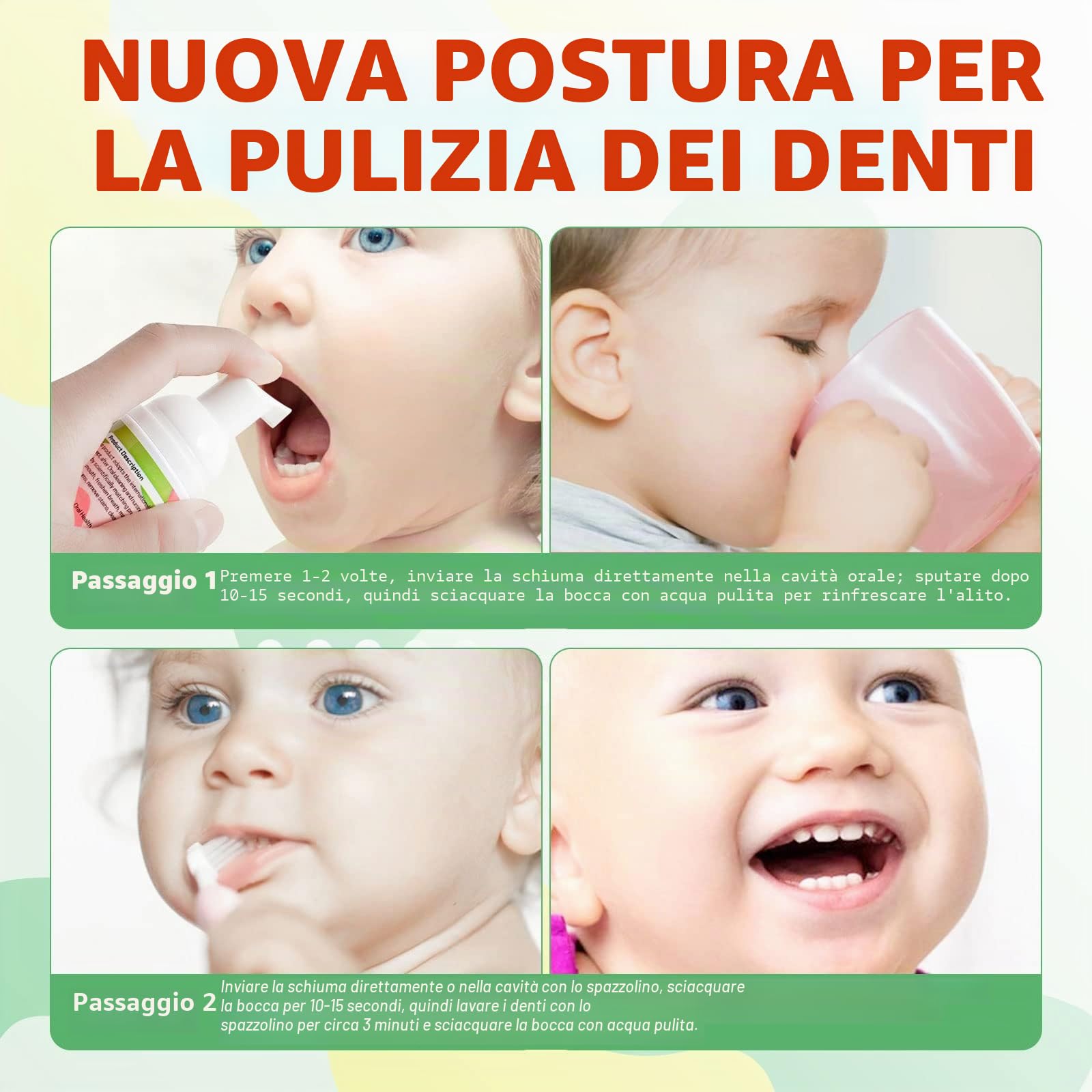 Dentifricio Schiuma Bambini, Riduce la Placca, Dentifricio in Schiuma Sbiancante a Basso Contenuto di Fluoro con Formula Naturale per Spazzolino a Forma di U dai 3 Anni in su (Fragola & Anguria)