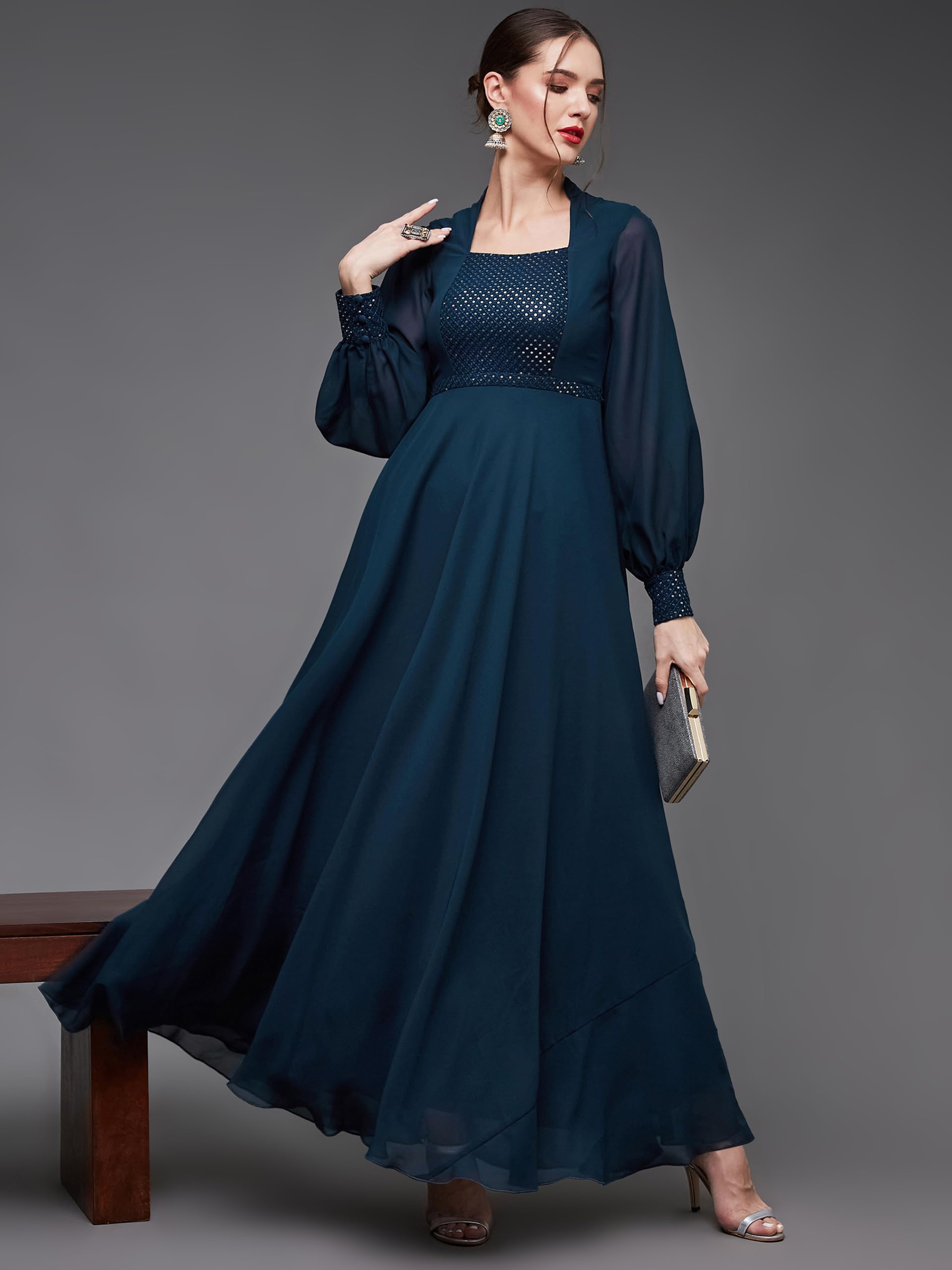 Miss Chase Maxi abito svasato da donna con scollo rotondo e maniche