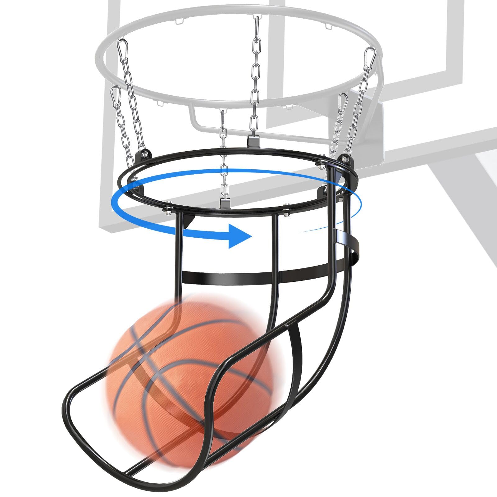BeneLabel Basketball Return Attachment, Basketball Hoop Rebounder Net System 360 Swivel Metal Ball Return Training Aid Equipment for Indoor Outdoor Solo Ball Shooting Practice and Play, Whole Set