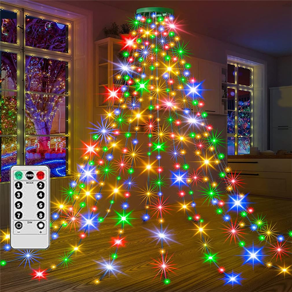 HADAVAKA Christmas Tree Waterfall Light - LED Outdoor Xmas Light With Ring, USB Powered With Remote Control for Indoor Outdoor Ornaments (Color, 1.5M)