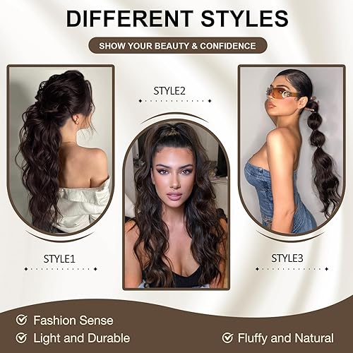 Miniatura 4 de FREEMEIGE Extensión de cola de caballo, extensiones de cola de caballo con cordón, 22 pulgadas de largo, rizadas, onduladas, extensiones de cabello