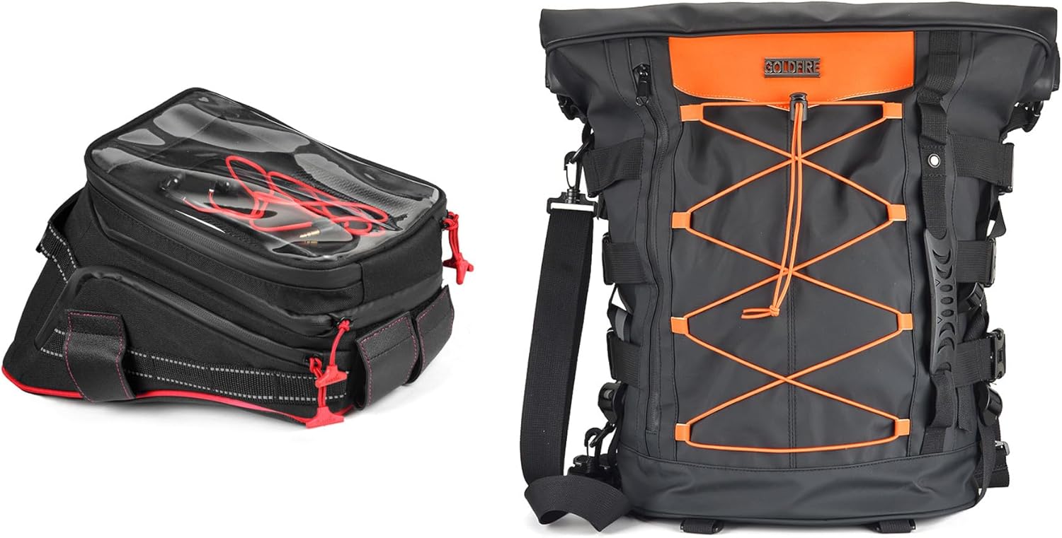 Goldfire Large Capacity Expandable Motorcycle Tail Duffle Bag Travel Luggage Sissy Bar Bag + Red Piping Expandable ADV Motorcycle Tank Bag Gas Oil Fuel Tank Saddle Bag Fit For Most Motorcycle Models