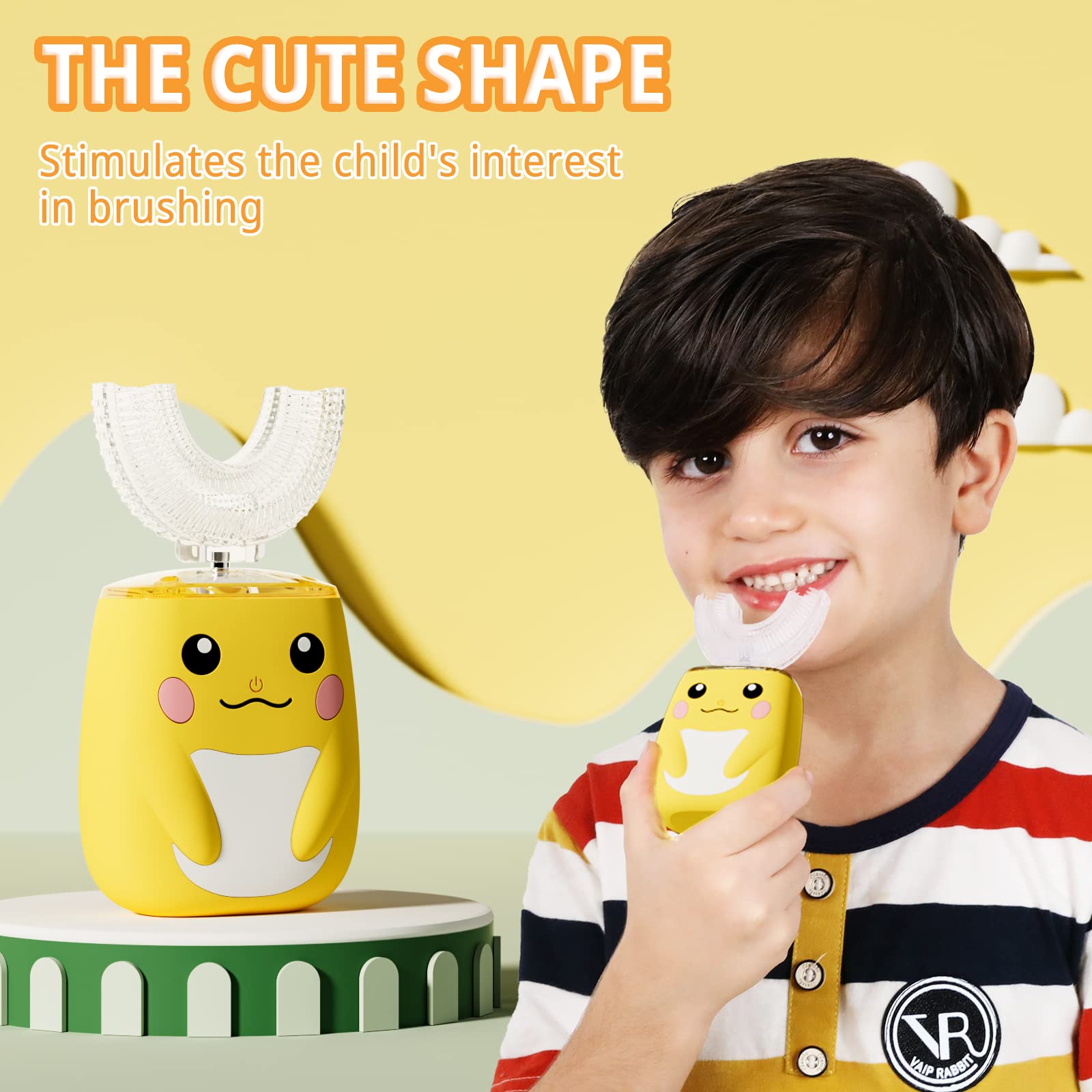 Spazzolino elettrico a forma di U per bambini, spazzolino sonico con IPX7 impermeabile, 6 modalità di pulizia, 45S Smart Reminder Cartoon Design