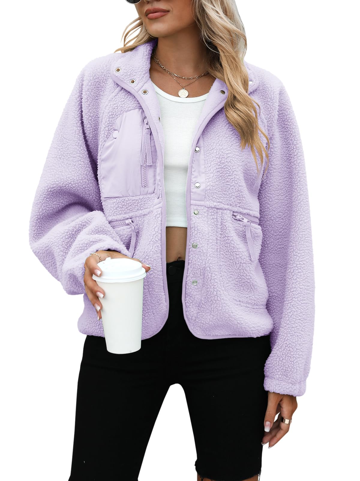 Womens Fleece Jacket Fuzzy Long Sleeve Short Winter Coats Button Down Sherpa Jacket Outerwear with Pockets