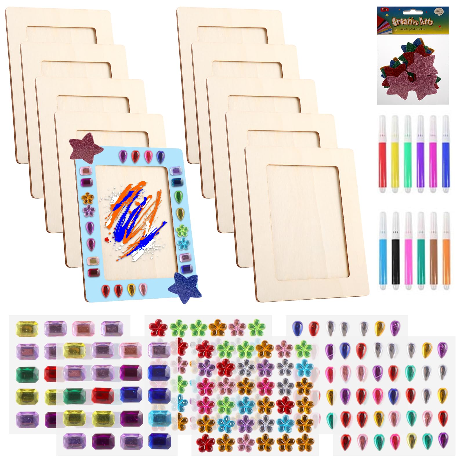 LOPYXBR 10PCS Wooden Frames for Craft, DIY Wooden Photo Frame 6x4 inch, Paint Your Own Picture Frame Kit with Glitter Stickers and Colour Markers, Rectangular Frame for Gift DIY Paint Decorate