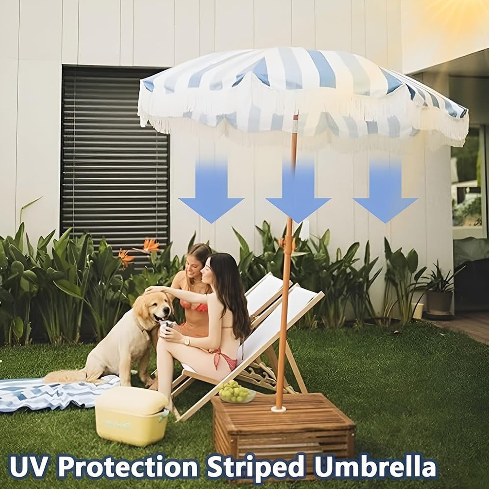 200 cm boho striped beach parasol, zewnętrzny parasol przeciwsłoneczny, wodoodporny parasol ogrodowy z frędzlami z filtrem UPF 50+