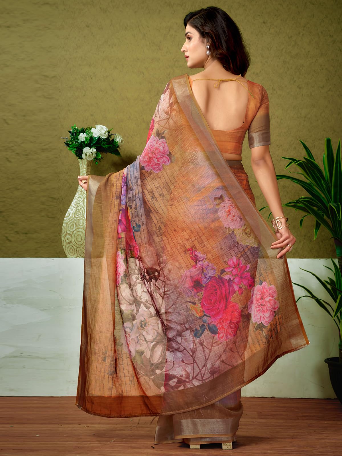 Satrani Women's Linen Zari Border Printed Ready To Wear One Minute Pre Pleated Readymade Saree With Unstitched Blouse Piece (33Rs311N_Dusty Orange)