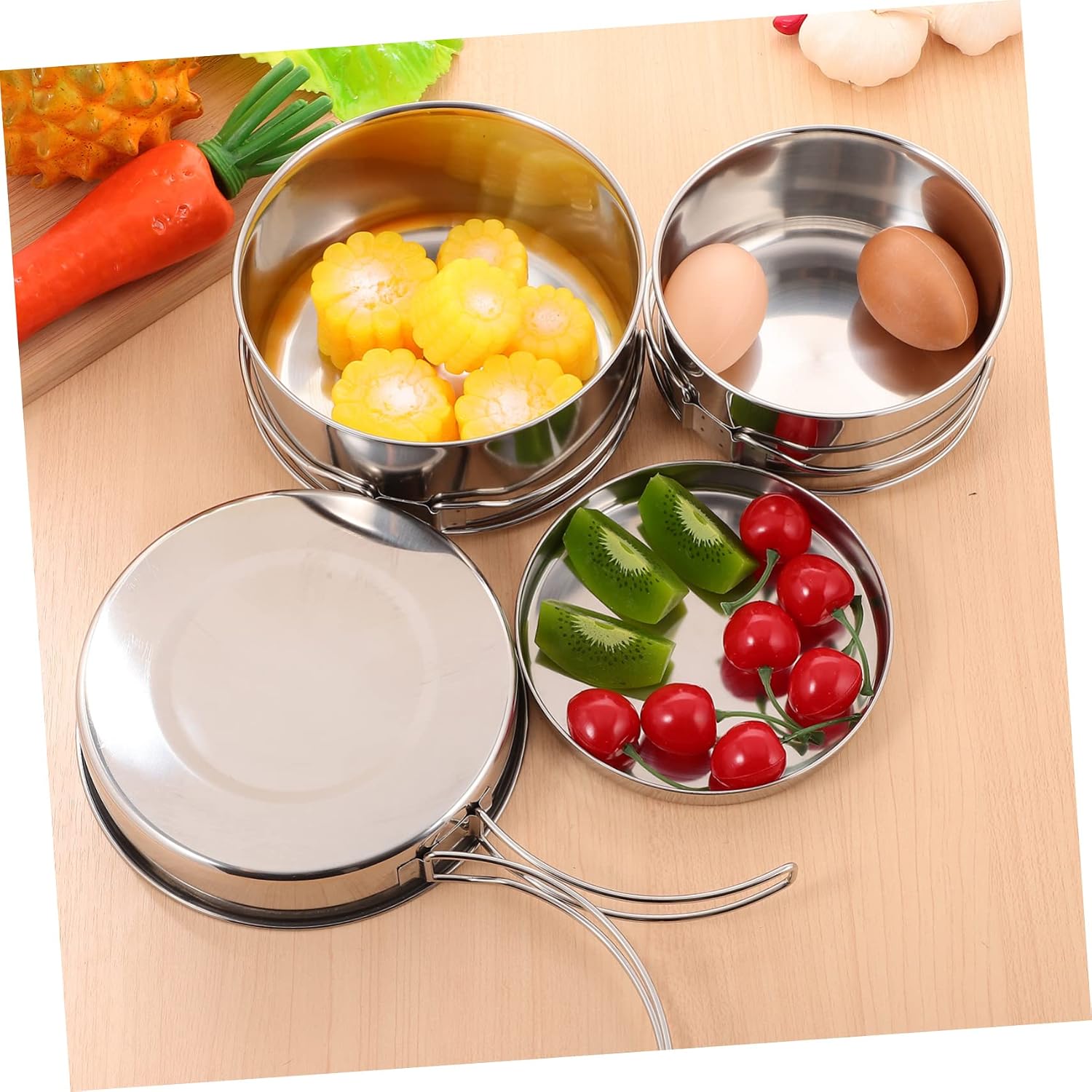 Set Stainless Steel Cooking Utensils Camping Stackable Camp Cookware Folding Outdoor Pan Camper Picnic Pot Portable Backpacking Cookware