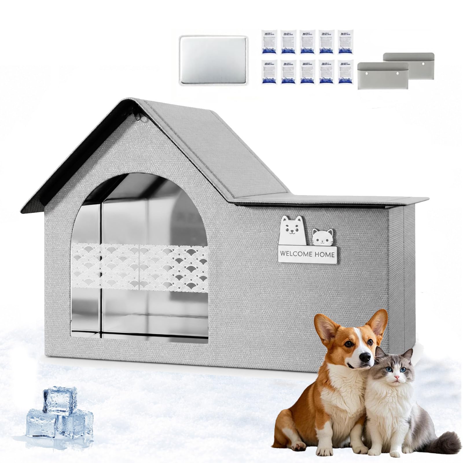 Pet Cooling House for Cats and Small Dogs, Foldable Insulated Dog House with Ice Packs, Double Layer Summer Pet Cooler Room, Easy Clean Indoor Outdoor Cat House for Hot Weather (gray,Medium)