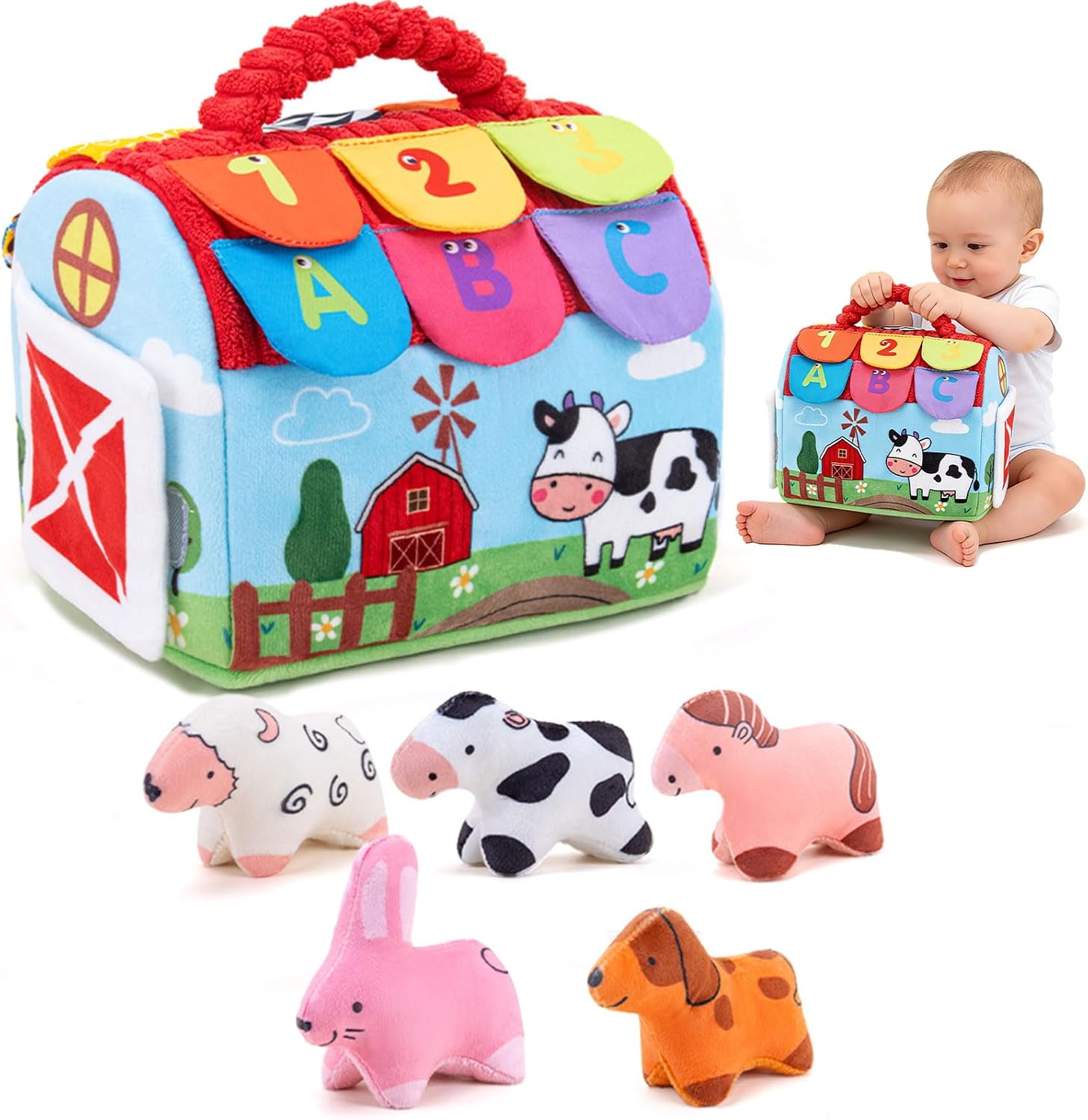 Baby Toys 6-12 Months, Barn with Stuffed Farm Animals, Montessori Toy for Babies, Sensory Toys for Toddlers 1-3, Portable Baby Farmhouse Toy, Birthday Gift for Infants & Toddlers