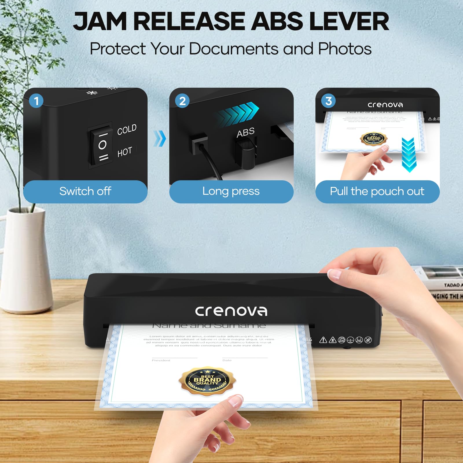 Crenova Laminiergerät mit 10 Laminierfolien, A4 Warm und Kalt mit Fast Warm Technologie, 22,9 cm Thermo-Laminiergerät für Zuhause, Büro, Schule, Arbeit, Schwarz