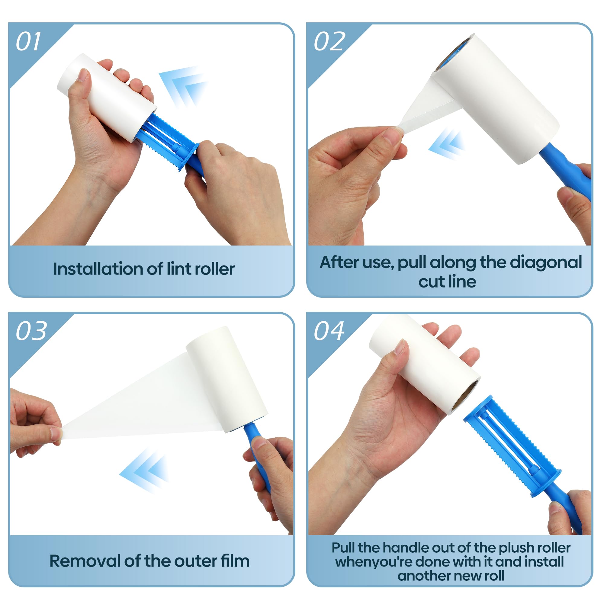 Rullo Peli Animali 12 Rotoli/1080 Fogli, Super Appiccicoso Rullo per Peli Animali, Riutilizzabile Spazzola Adesiva per Vestiti con 2 Maniglie, Lint Roller per Raccogli Peli Animali