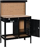 HOMCOM Garage Workbench with Storage, Workshop Multipurpose Tool Bench with Drawer, Peg Board, Open Shelf and Cabinet with Keys, Black