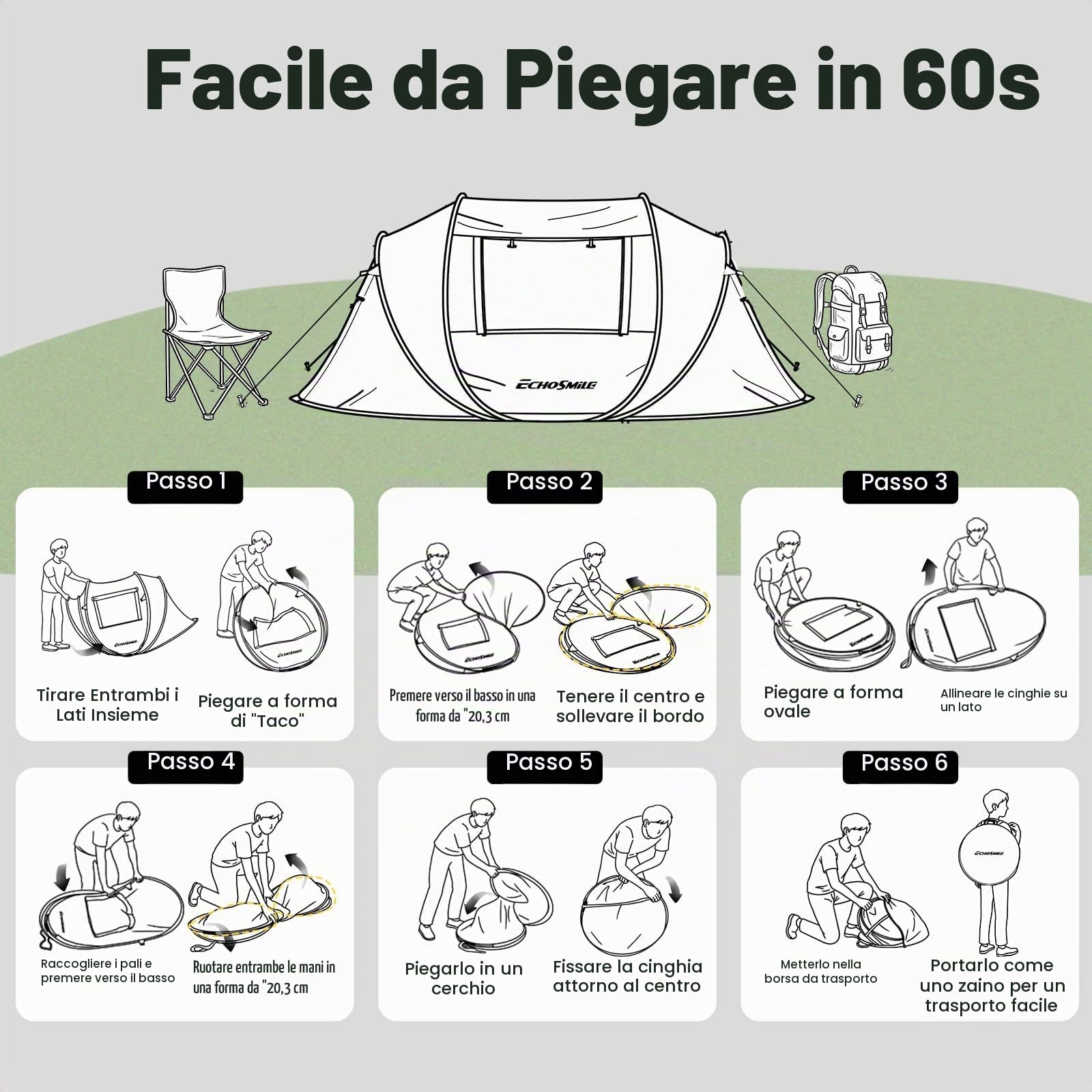 EchoSmile Tenda da Campeggio Pop Up 2/4/6 Posti Istantanea Tenda Campeggio | Portatile,Facile Installazione,Protezione dal Sole,Ventilata Antivento e Impermeabile Picnic,Trekking e Attività All'aperto
