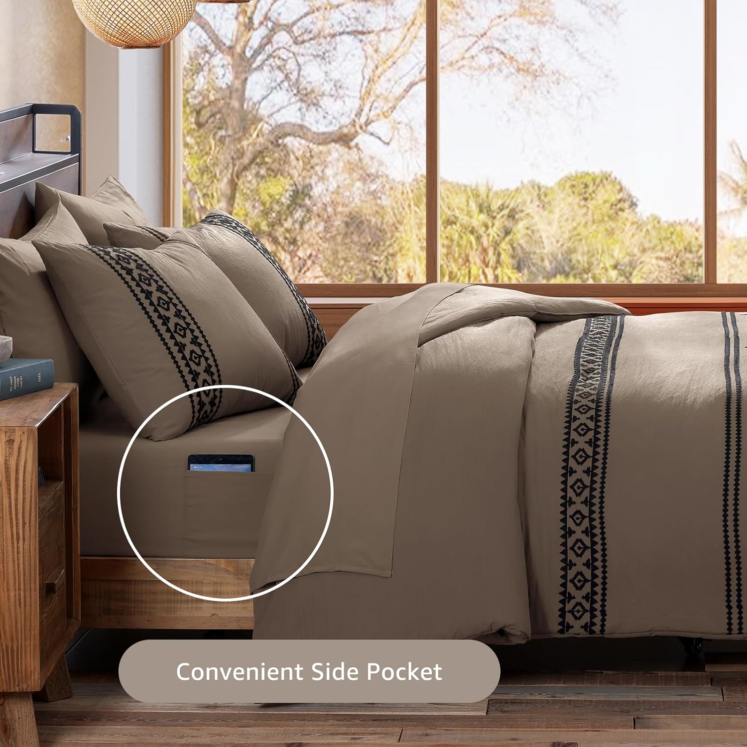 MaiRêve Embroidery Queen Size Comforter Set Taupe Grey, Boho Farmhouse Western Bedding Set 7 Pieces, All Season Bed in A Bag Comforter Set with Sheets, Pillowcases & Shams - Image 5