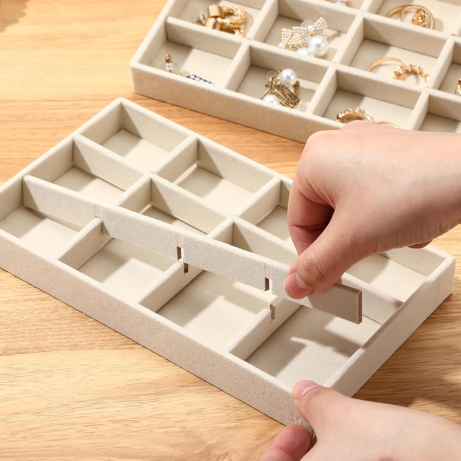 Highergo 8 Pcs Velvet Jewelry Trays Stackable Drawers Organizer Ring Earring Bracelet Necklace Storage Trays, 8.3x4.7x1''(12 Grids) - Image 5