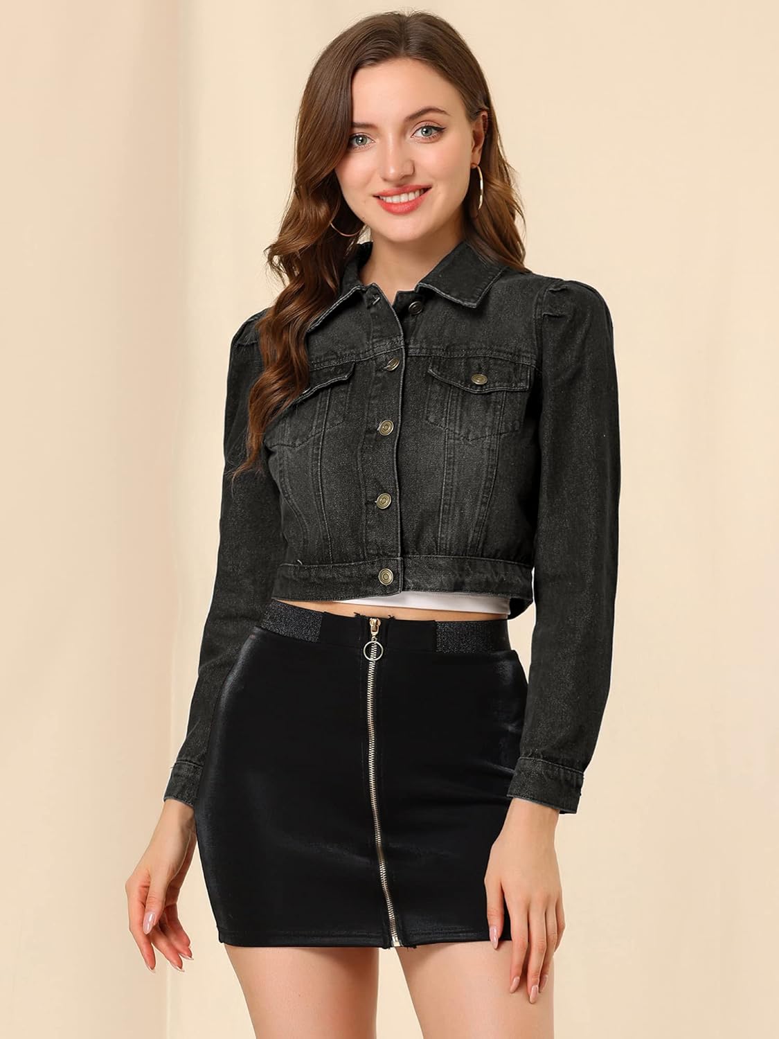 Allegra K Women's Denim Jackets Jean Puff Sleeve Button Up Cropped Jacket - Image 4