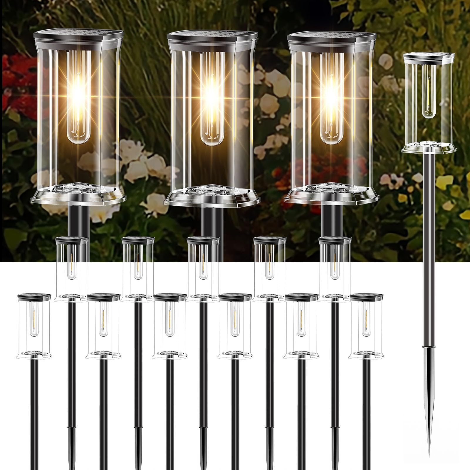 SOLARBABY Lampes Solaires Extérieur Jardin - Lot de 12 LED Blanc Chaud, Lampe Solaire Jardin IP65 Étanche, Éclairage Jardin Solaire Auto, Lampes Solaires Décoratives pour Allée Chemin Pelouse Piscine