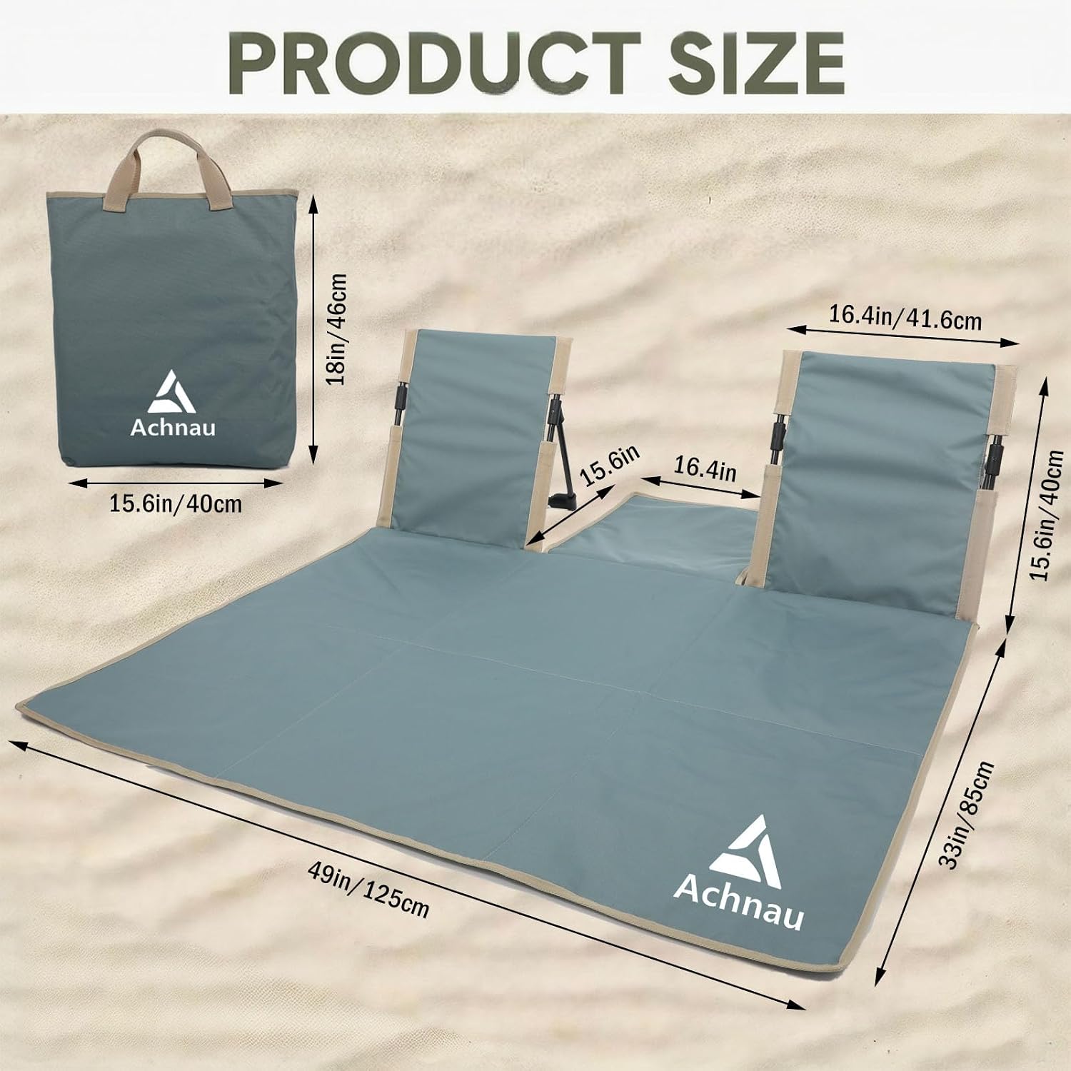 Beach Mat Lounge Chair 2-Person Foldable, Lightweight Lounge Mat with Back Support,600D Oxford 49"x49" Widen Beach Seat Storage Bag for Holidays Garden Camping Swimmingpool (Blue)