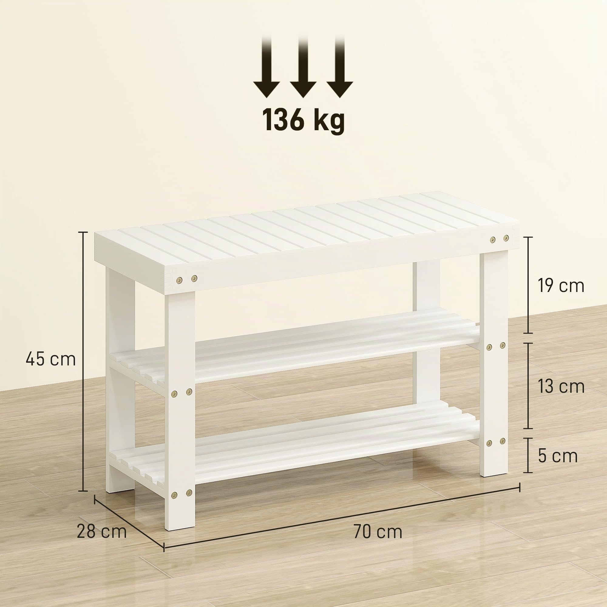 HOMCOM Banc à Chaussures en Bambou Scandinave 70 x 28 x 45 cm Blanc | Étagère à Chaussures à 3 Niveaux, Banc de Rangement pour Entrée, Salon, Chambre, Charge 136 Kg