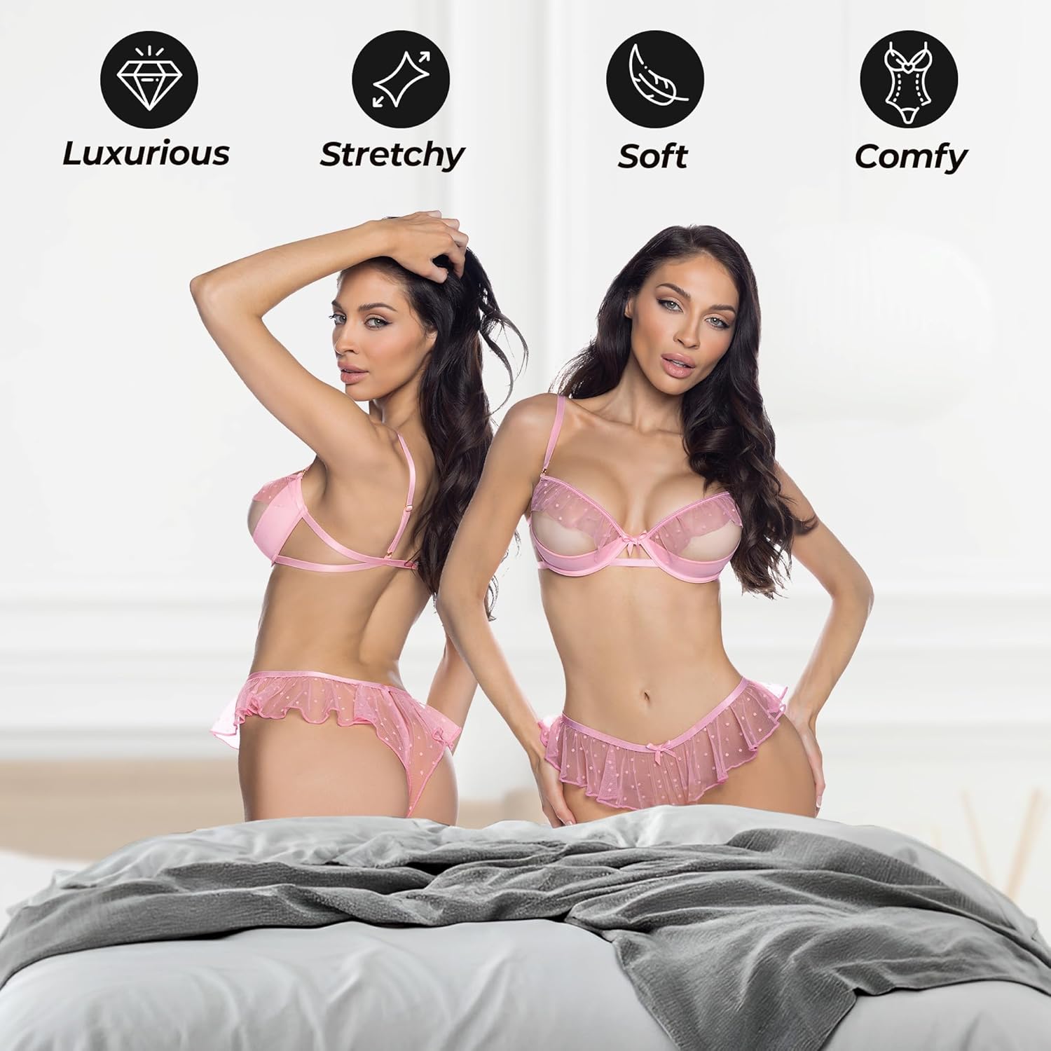 Sexy Bra And Panty Sets For Women, Roma Peek-A-Boo Bliss Lingerie Set, Dot Mesh Open Cup Underwire Bra & Ruffle Short Satin
