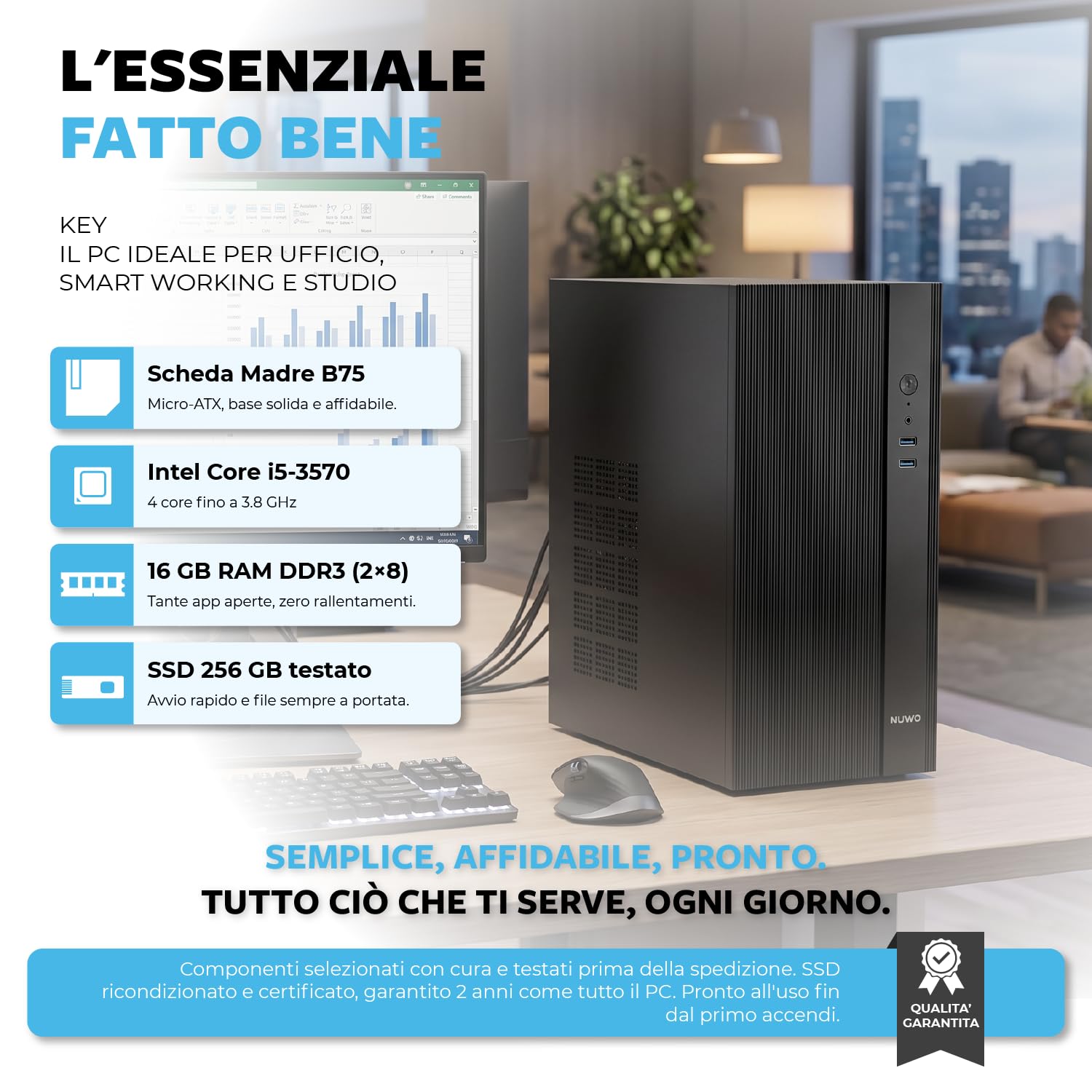 Keydo PC Fisso Desktop i5 fino a 3,8 GHz | Ram 16GB | SSD 256GB | WiFi Usb | Windows 11 Pro | Computer Desktop per Ufficio Casa e Studio - Pronto all’uso