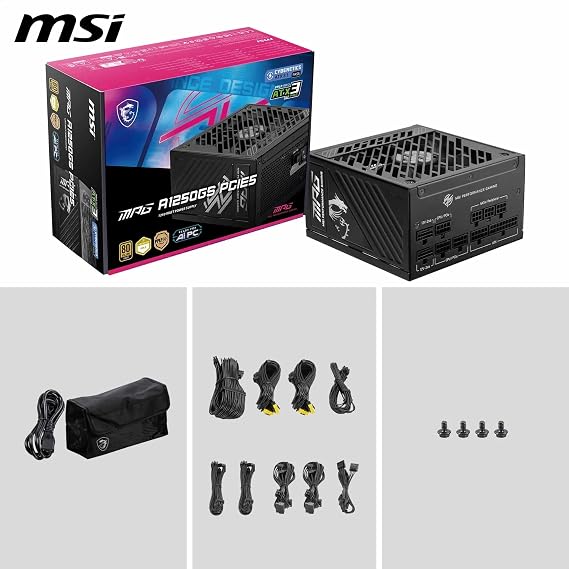 MSI MPG A1250GS PCIE5 Power Supply, 1250W, 80 Plus Gold, ATX 3.1, PCIe 5.1 GPU Support, Dual Native 12V-2x6, Modular Cable with Two Tone 12V-2x6 Ports, ATX Power Supply