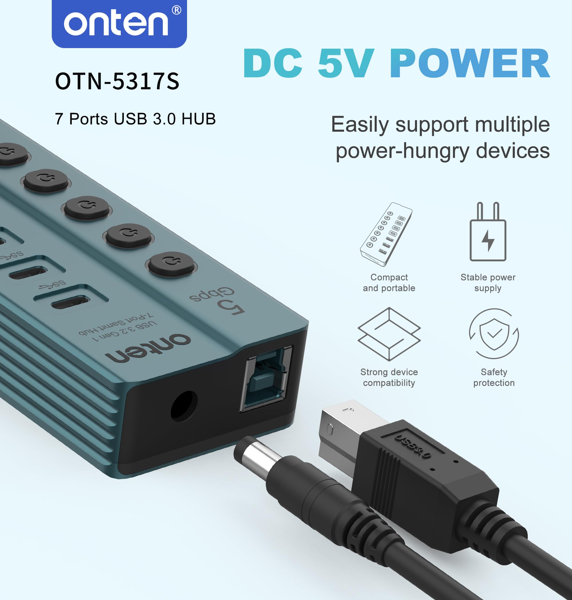 Onten OTN - 5317S Hub USB 3.0 de 7 puertos, transferencia de datos de alta velocidad de 5 Gbps, interruptores independientes, amplia compatibilidad para laptop, tablet, teléfono, consola de juegos