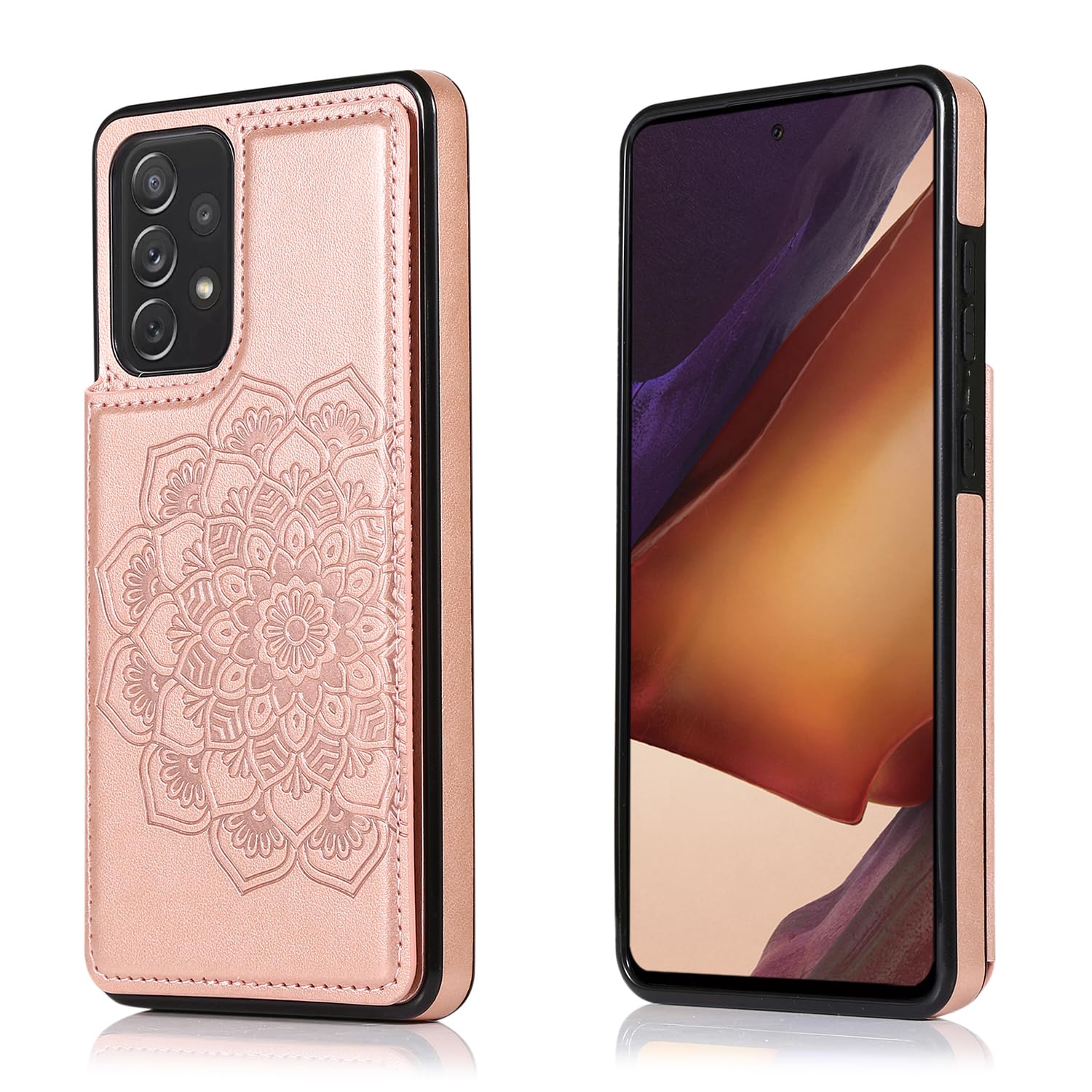 LMDAMZ for Galaxy A52(5G) 6.5 Inch Wallet Case with Card Holder, Mandala Embossed Faux PU Leather with Wrist Strap Double Magnetic Clasp Case Flip Back Wallet Case with Stand Function (Rose Gold)