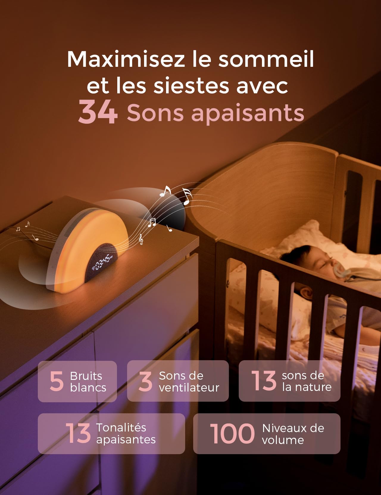 Momcozy DreamSync Tech™ Machine à Sons Bébé 34 Bruitages Apaisants, Veilleuse Connectée par App, Programmeur de Sommeil avec Alarme Levé de Soleil et Haut-parleur Sans Fil