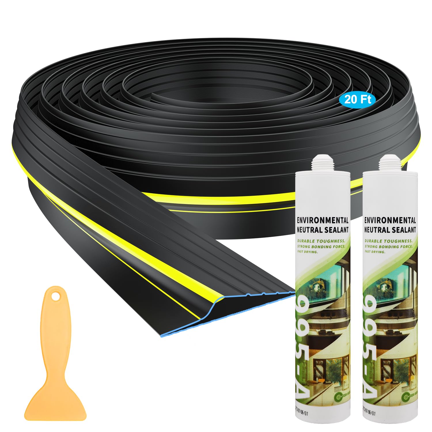 20 Ft Garage Door Threshold Seal with 2 Bottle Adhensive/Sealant 1000 ml, West Bay DIY Weather Stripping Bottom Rubber Weatherproof Father's Day Christmas Gifts Black (2 Bottles, Each 500 ml)