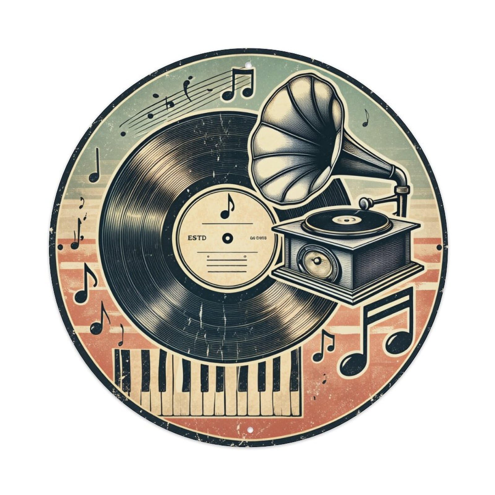 Vintage Music Record Player Piano Notes Round Tin Sign Retro Metal Sign for Cafe Bar Pub Home Game Room Gym Club Wall Decoration Vintage Metal Poster 8x8 Inch