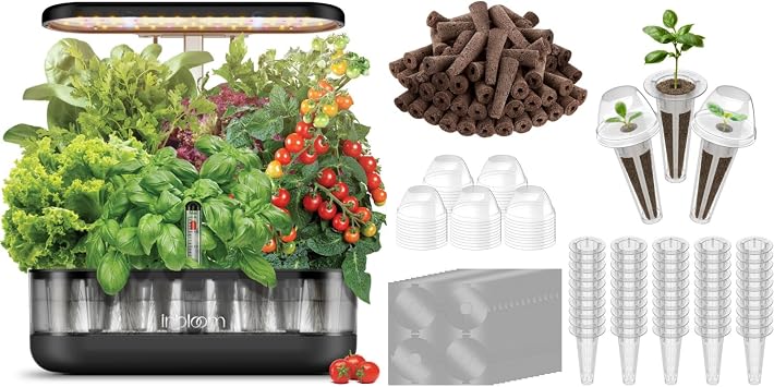 inbloom 12 Pods Hydroponics Growing System, Transparent Black and 50 Grow Sponges, 50 Baskets, 50 Domes and 50 Labels