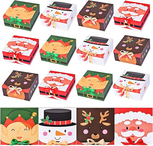 WLUSEAXI Paquete de 12 cajas pequeñas de regalo de Navidad con tapas, 6.7 x 6.7 x 3.2 pulgadas, cajas de galletas de Navidad con cinta, cajas de