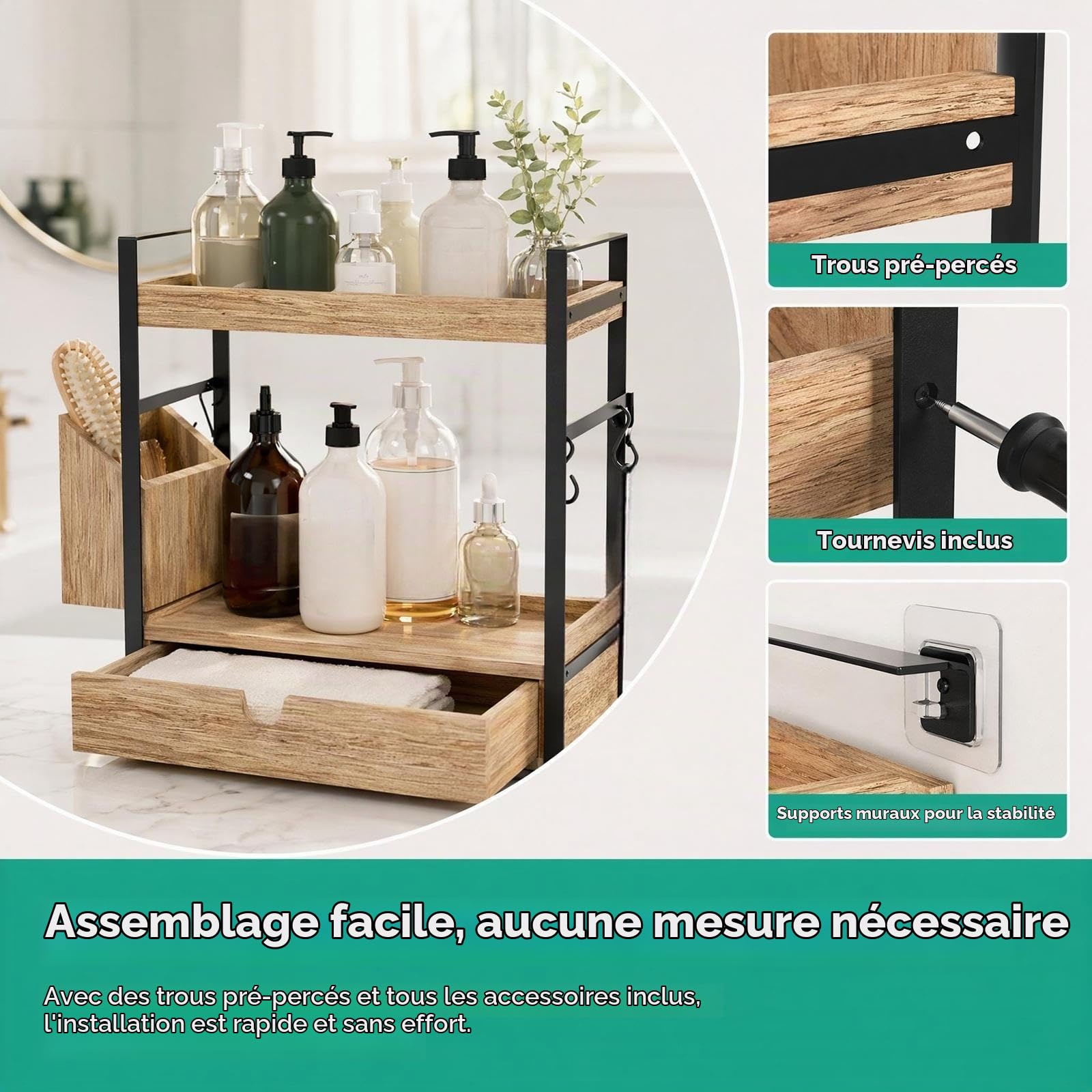 Organisateur de Salle de Bain 2 Niveaux, Étagère de Rangement en Bois et Métal avec Panier Latéral, Support Multifonction pour Cuisine, Bureau, Chambre, Range-Cosmétiques, Épices, Café, Thé